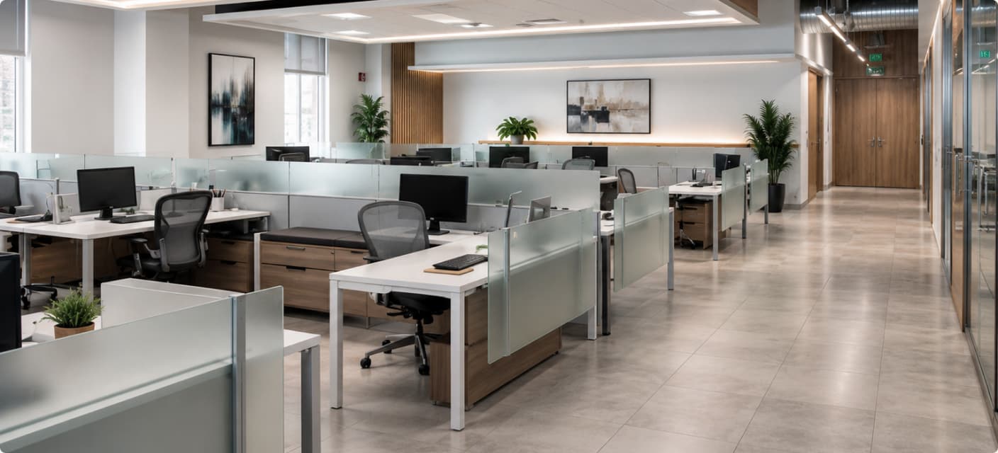 A bright, freshly cleaned open-plan office with tidy desks and hardwood floors